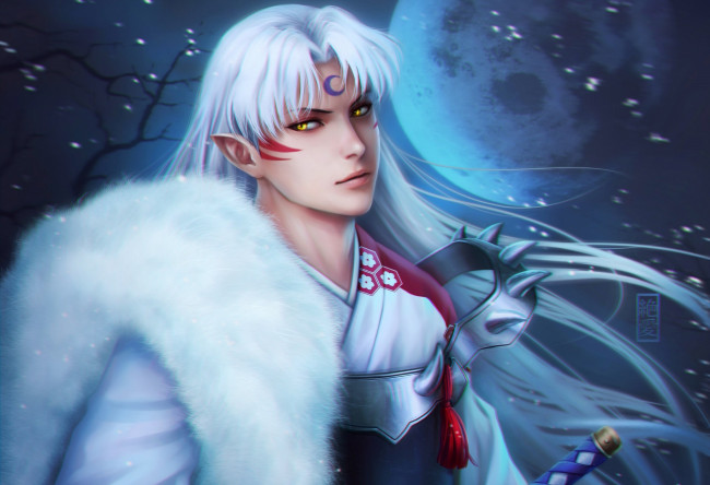 Обои картинки фото эльфы, ночь, парень, sesshomaru, inuyasha, zetsuai89, белые, волосы, меч, лепестки, мех, луна