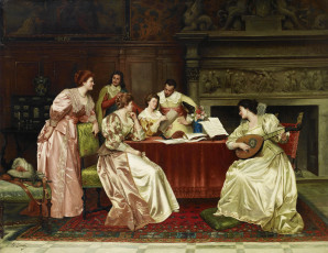 Картинка guglielmo+zocchi+-+музыкальный+вечер рисованное живопись камин мандолина ноты кавалеры дамы стол