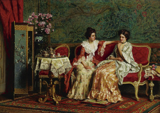 Картинка guglielmo+zocchi+-+время+чая рисованное живопись камната дамы ширма диван чаепитие столик