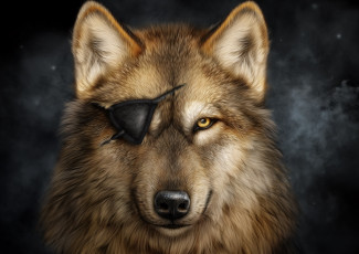 Картинка рисованное животные +волки волк одноглазый повязка хищник взгляд портрет