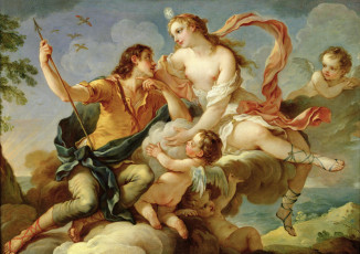 Картинка charles+joseph+natoire+-+венера+и+адонис рисованное живопись облако небо копье боги бог богиня амуры