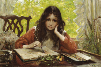 Картинка акварель+у+окна рисованное живопись девочка художница кисть краски альбом цветок