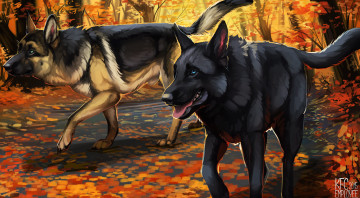 Картинка рисованное животные +собаки осмень лес собаки