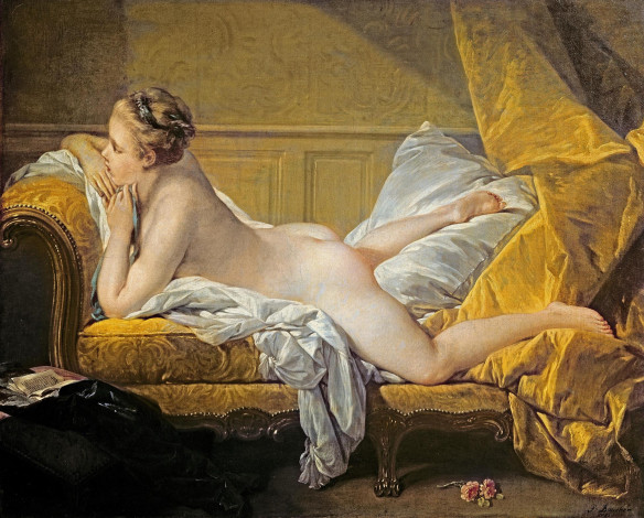 Обои картинки фото francois boucher - портрет мадемуазель луизы омерфи в виде одалиски, рисованное, живопись, девушка, шторы, подушка, постель