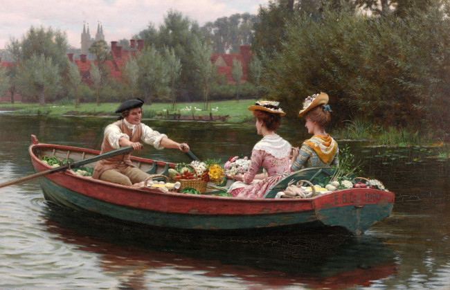 Обои картинки фото Ярмарочный день, рисованное, edmund blair leighton, лодка, кавалер, дамы, покупки, река, берега