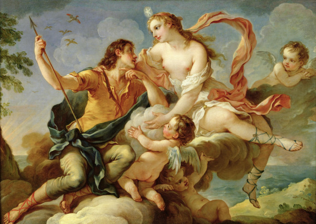 Обои картинки фото charles joseph natoire - венера и адонис, рисованное, живопись, облако, небо, копье, боги, бог, богиня, амуры