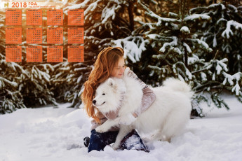 обоя календари, девушки, зима, деревья, снег, собака