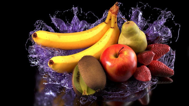 Обои картинки фото еда, фрукты,  ягоды, яблоко, киви, клубника, груша, бананы