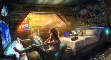 Картинка фэнтези девушки cyberpunk голограмма киберпанк рисунок девушка будущее windows арт комната котенок art