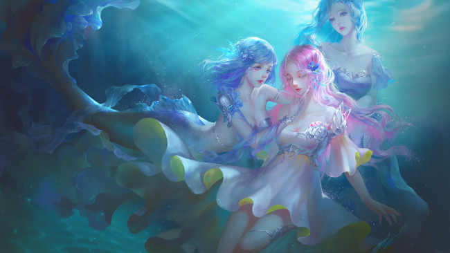 Обои картинки фото фэнтези, русалки, глубина, вода, арт, mermaids
