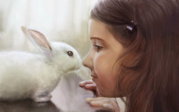 обоя рисованное, дети, девочка, лицо, кролик