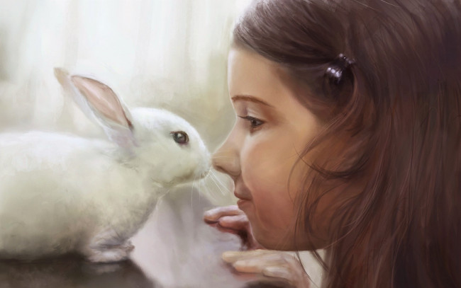 Обои картинки фото рисованное, дети, девочка, лицо, кролик