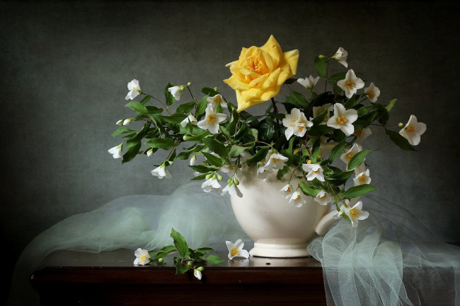 Обои картинки фото цветы, букеты,  композиции, букет, желтая, роза, жасмин, весна