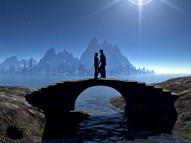 Обои картинки фото 3д, графика, romance, река, мост, горы, влюбленные