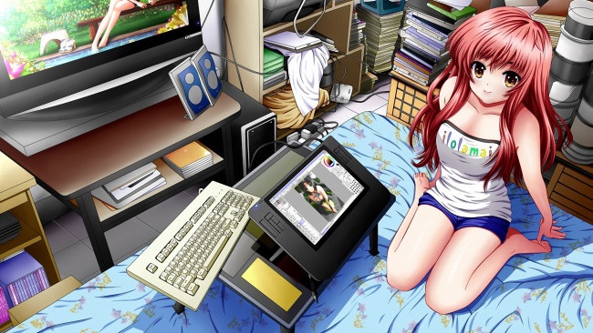 Обои картинки фото аниме, weapon, blood, technology, ноитбук, книги, девочка