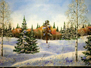 Картинка рисованные природа зима снег елки деревья лес