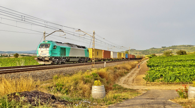 Обои картинки фото техника, поезда, железная, дорога, грузовой, состав, вагоны, рельсы, локомотив