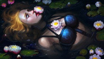 Картинка фэнтези девушки вода озеро art мокрая девушка утопленница кувшинки цветы лилии мертвая