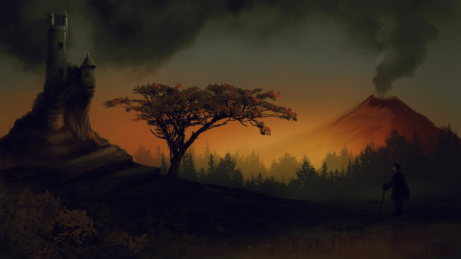 Обои картинки фото рисованное, природа, замок, дерево, вулкан