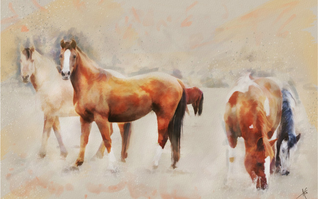Обои картинки фото рисованное, животные,  лошади, поле, пасутся, пастельные, тона, кони, лошади, графика, живопись, картина