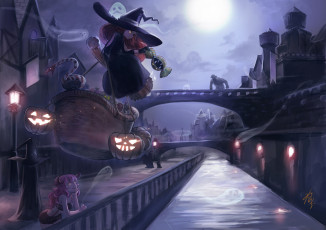 Картинка аниме магия +колдовство +halloween река мосты змея