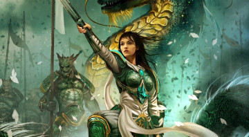 Картинка фэнтези красавицы+и+чудовища девушка броня воительница меч дракон монстры