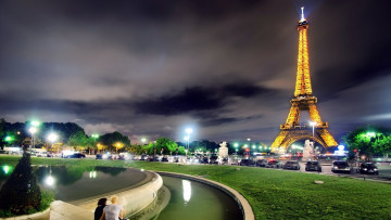 Картинка города париж+ франция деревья ночь парковка