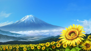 Картинка рисованное природа лето поле подсолнухов вулкан