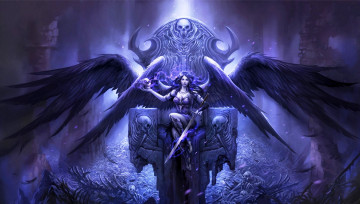 Картинка фэнтези демоны трон демон крылья девушка свет черепа меч