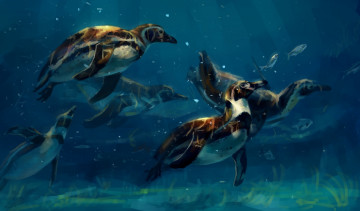 Картинка рисованное животные +птицы вода пингвины