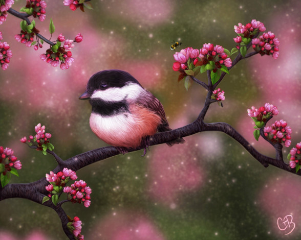 Обои картинки фото рисованное, животные,  птицы, птица, цветы, пчела, лето, дерево