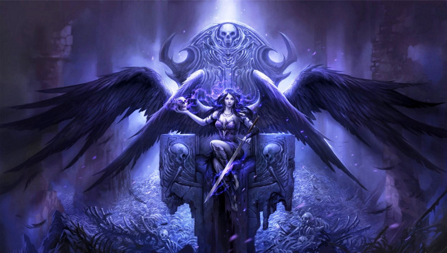 Обои картинки фото фэнтези, демоны, трон, демон, крылья, девушка, свет, черепа, меч