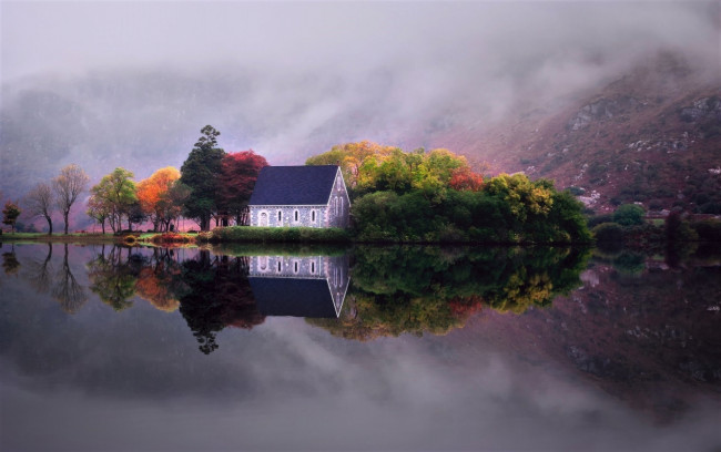 Обои картинки фото города, - пейзажи, дом, осень, туман, озеро