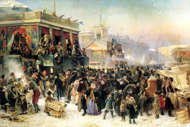 Обои картинки фото маковский - народное гуляние во время масленицы на адмиралтейской площади в петербурге, рисованное, константин маковский, люди, площадь, праздник