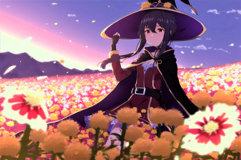 обоя аниме, kono subarashii sekai ni shukufuku wo, девочка, шляпа, поле, цветы