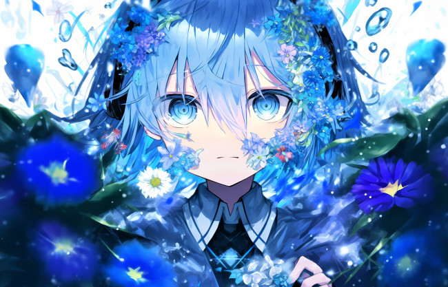 Обои картинки фото аниме, re,  zero kara hajimeru isekai seikatsu, девочка, лицо, цветы, капли