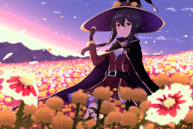 Обои картинки фото аниме, kono subarashii sekai ni shukufuku wo, девочка, шляпа, поле, цветы