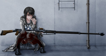 обоя аниме, weapon, blood, technology, винтовка, форма, крыша, девушка, оружие