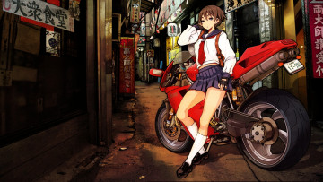 обоя аниме, weapon, blood, technology, мотоцикл, девушка