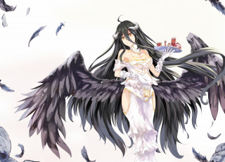 обоя аниме, overlord, art, демонесса, albedo, поднос, напитки, крылья, девушка