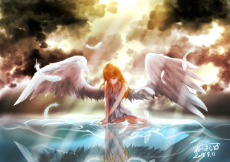 Картинка аниме ангелы +демоны девушка арт перья небо облака крылья ангел отражение вода свет