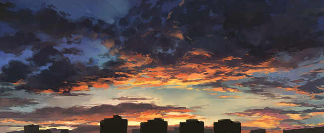 Обои картинки фото аниме, город,  улицы,  здания, небо, закат, арт, nodata
