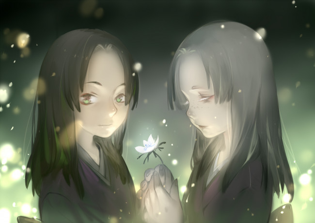 Обои картинки фото аниме, mushishi, luman, огоньки, цветок, девочки, арт
