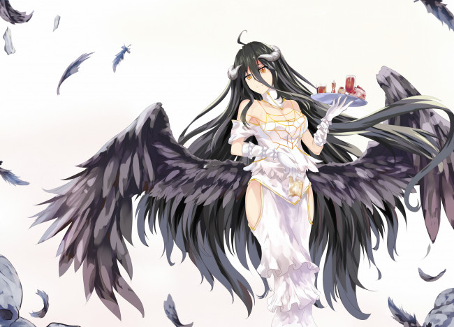 Обои картинки фото аниме, overlord, art, демонесса, albedo, поднос, напитки, крылья, девушка