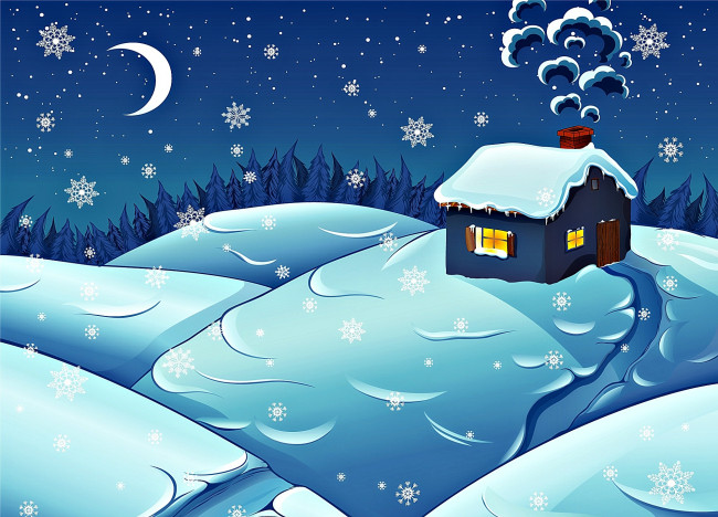 Обои картинки фото векторная графика, природа , nature, дом, снежинки, снег, луна