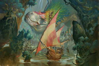Картинка фэнтези драконы монстр корабль Ящер динозавр art фантастика