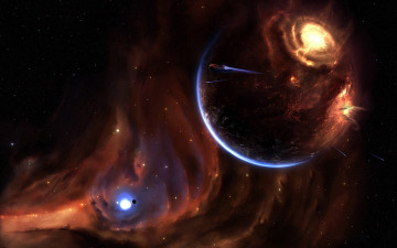 Картинка космос арт звезды туманность галактика корабли взрыв планеты