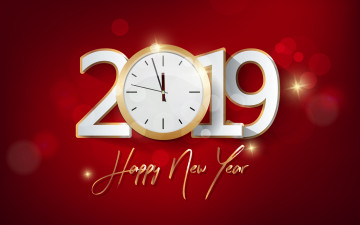 Картинка праздничные векторная+графика+ новый+год с новым годом цифры золотая надпись часы красный фон