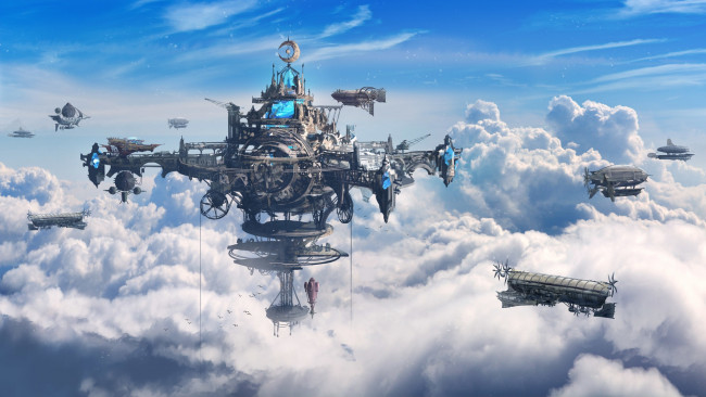 Обои картинки фото фэнтези, транспортные средства, небо, облака, рисунок, станция, дирижабль, fantasy