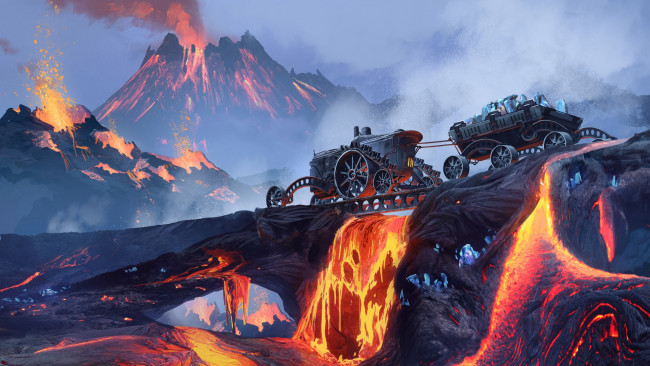 Обои картинки фото фэнтези, транспортные средства, рисунок, огонь, вулкан, fantasy, арт, добыча